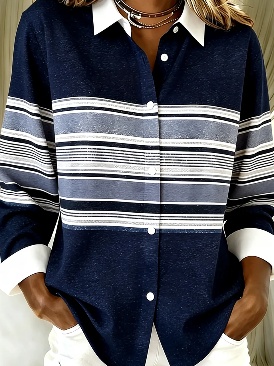 Shirt Collar Long Sleeve Striped Regular Loose Shirt For Women