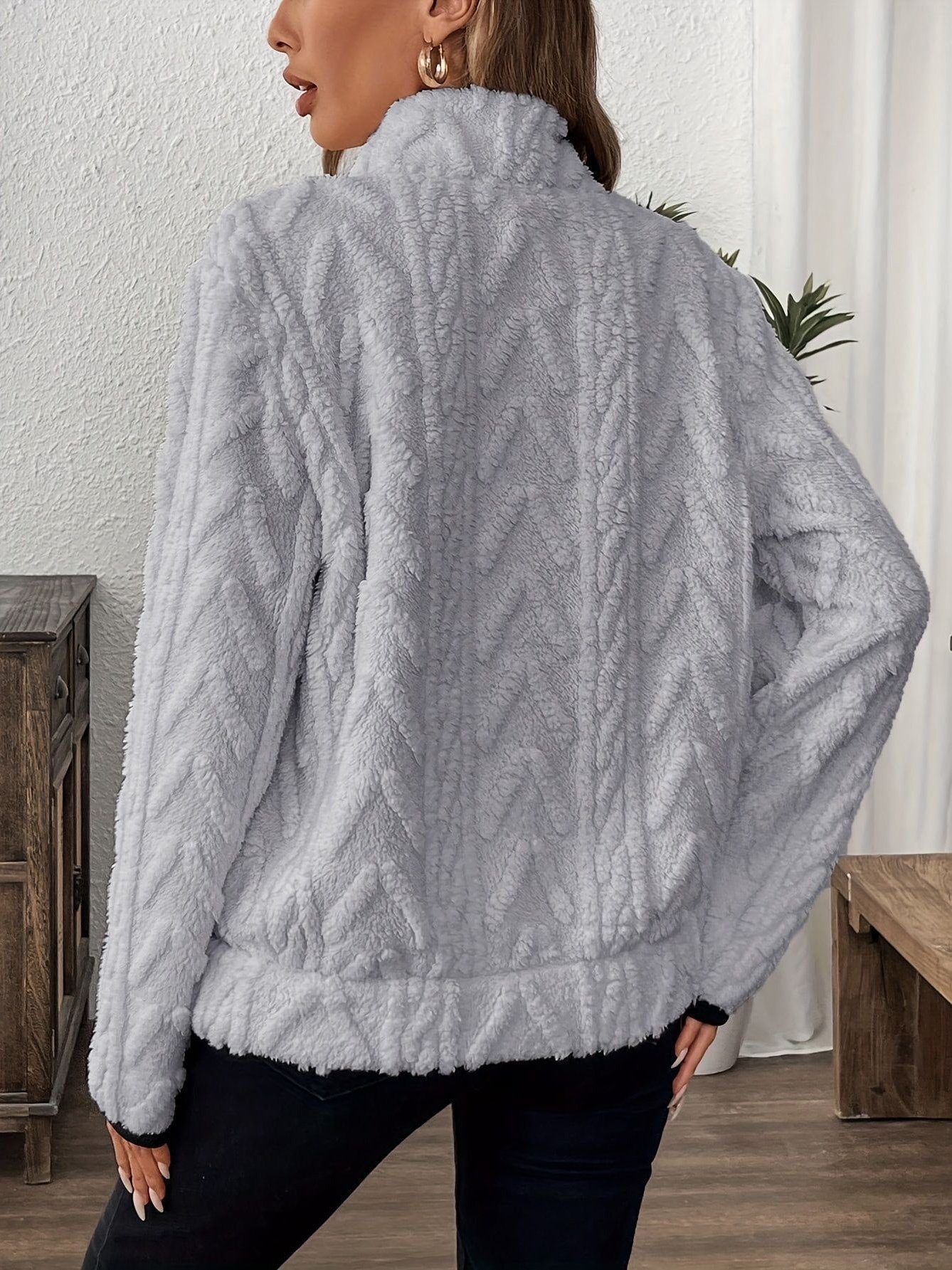 Casual Stand Collar Plain Sweatshirt Jacquard