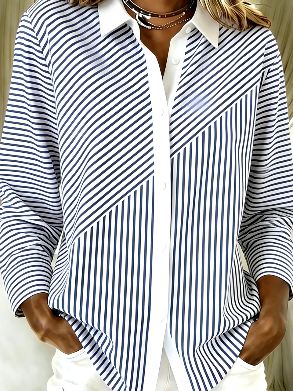 Shirt Collar Long Sleeve Striped Regular Loose Shirt For Women