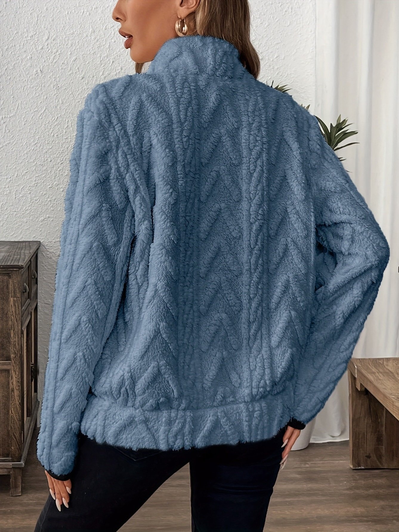 Casual Stand Collar Plain Sweatshirt Jacquard