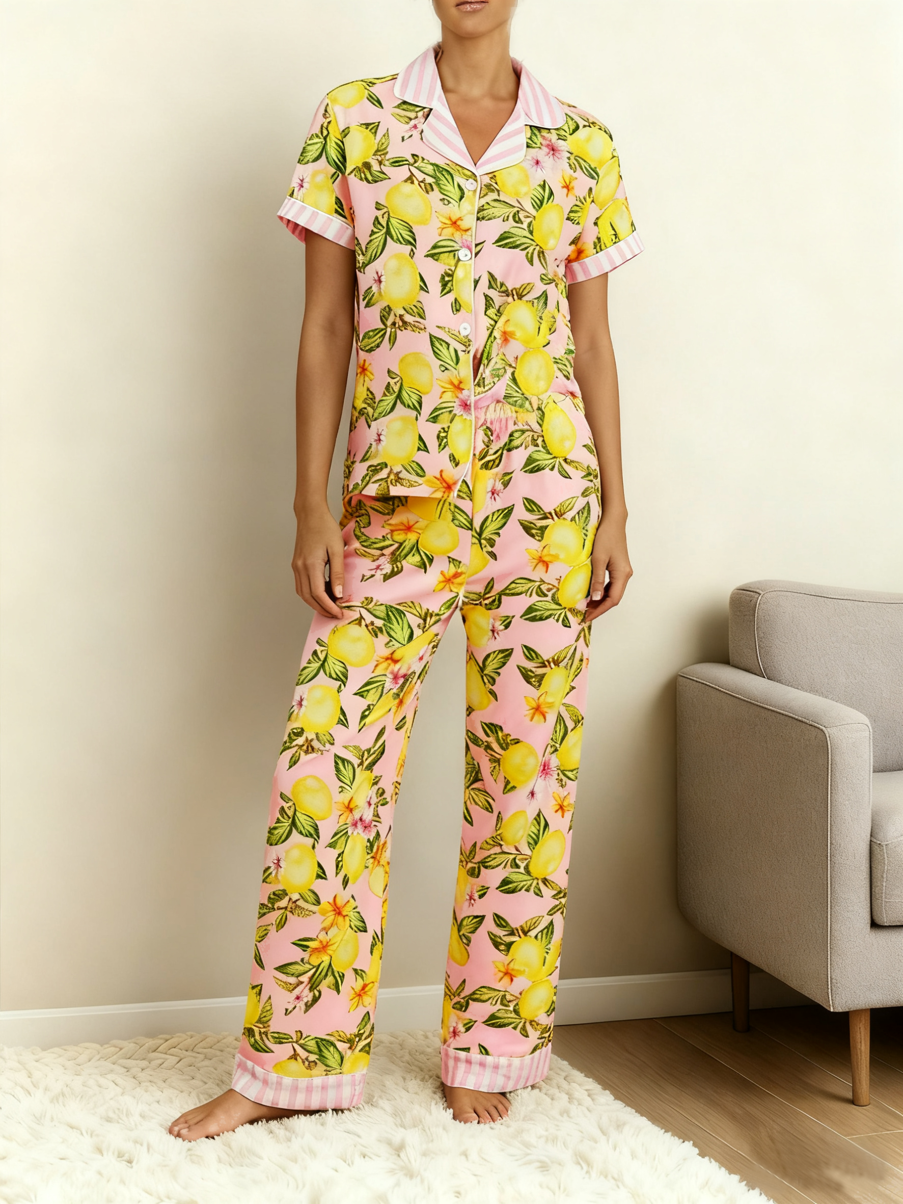 Lapel Collar Casual Loose Lemon Fruit Pajama Set