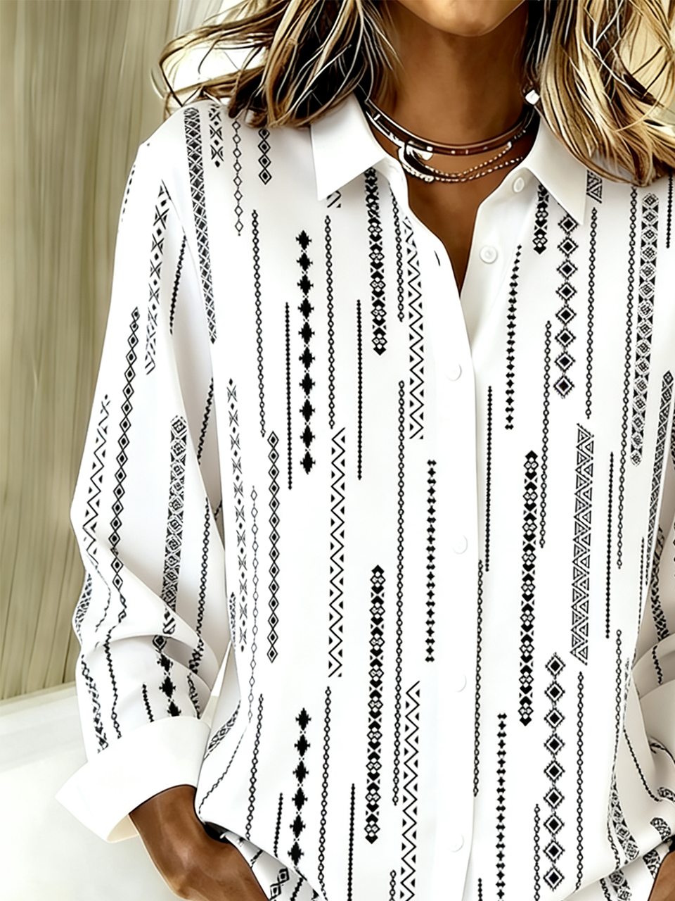 Shirt Collar Long Sleeve Striped Regular Loose Shirt For Women