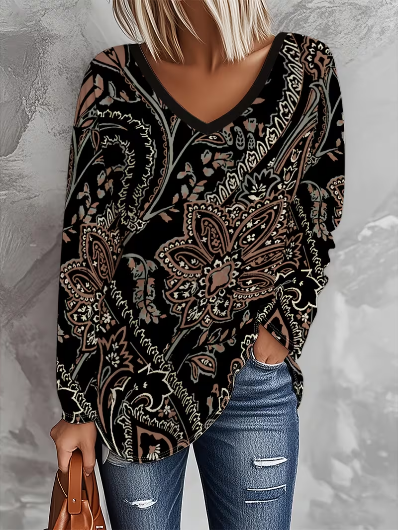 Casual Floral V Neck Long Sleeve T-shirt