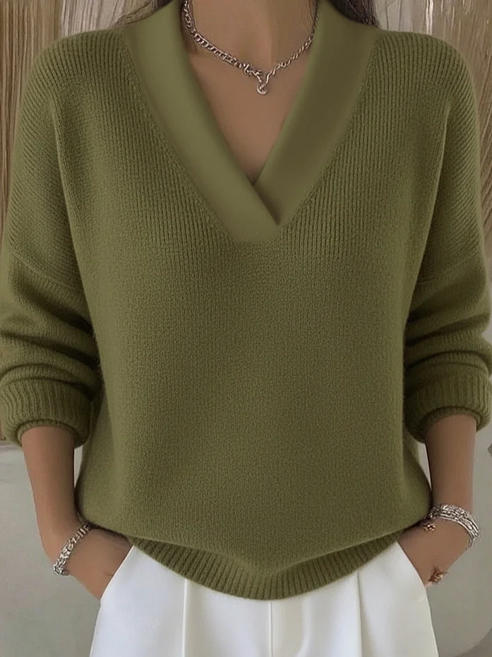 Women Cotton Plain Long Sleeve Comfy Street Split Joint Sweater
