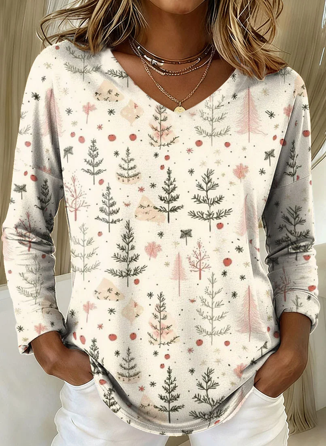 Casual Christmas V Neck Long Sleeve T-shirt