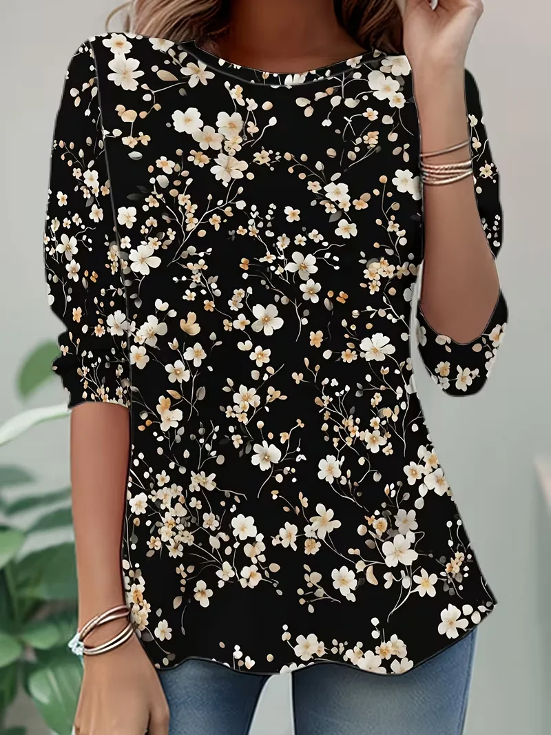 Casual Floral Crew Neck Long Sleeve T-shirt