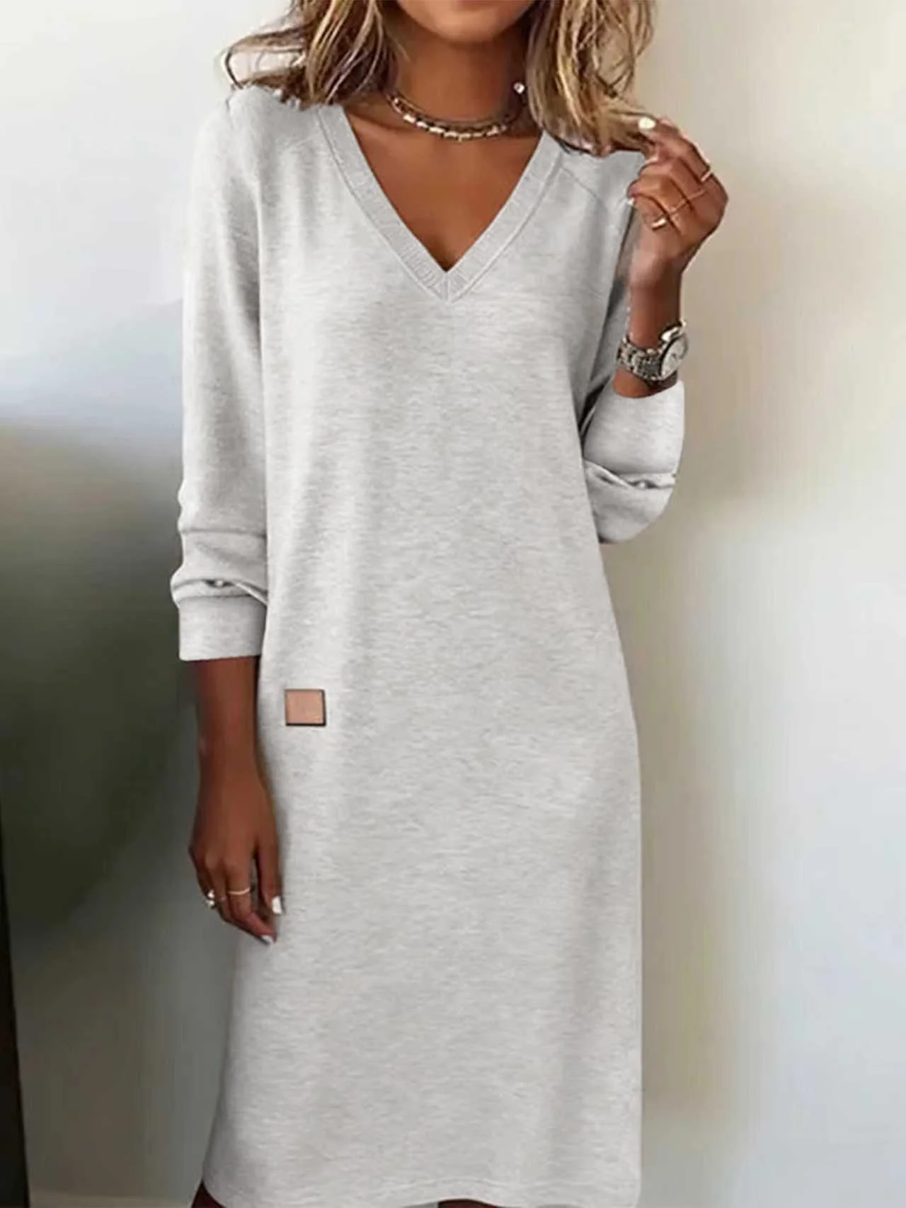 Women Plain Spring/Fall Split Joint Dress V Neck Long Sleeve T-Shirt Dress A-Line Dress