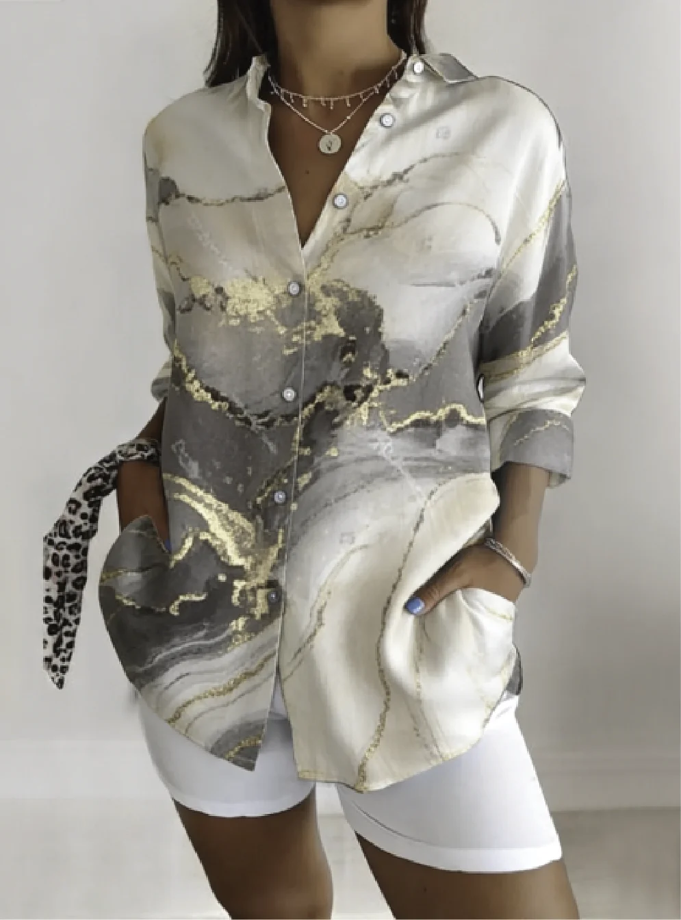 Shawl Collar Long Sleeve Abstract Graphic Regular Loose Shirt For Women