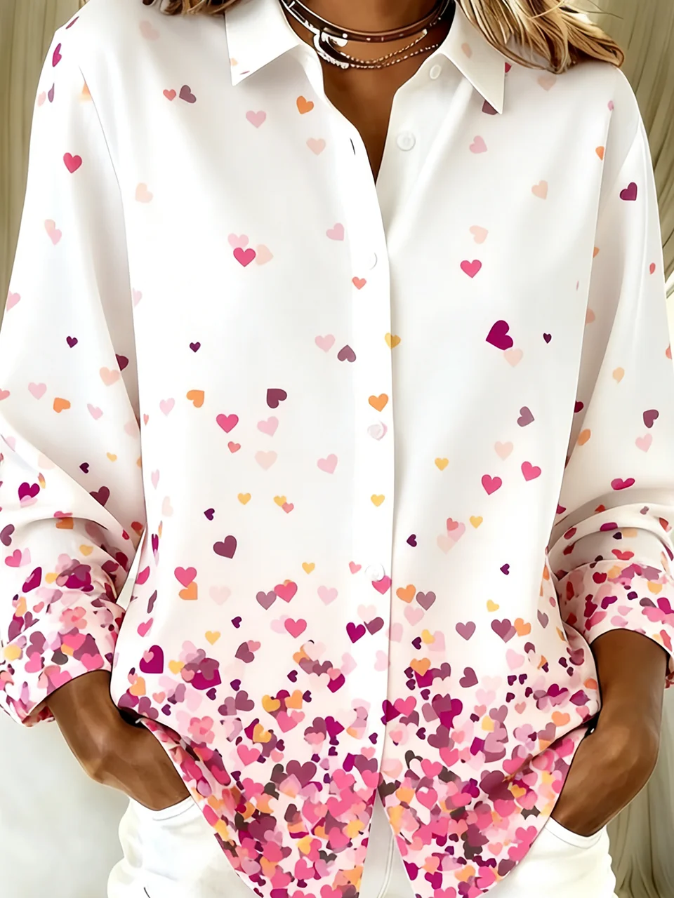 Shirt Collar Long Sleeve Gradient Pattern Regular Loose Shirt For Women