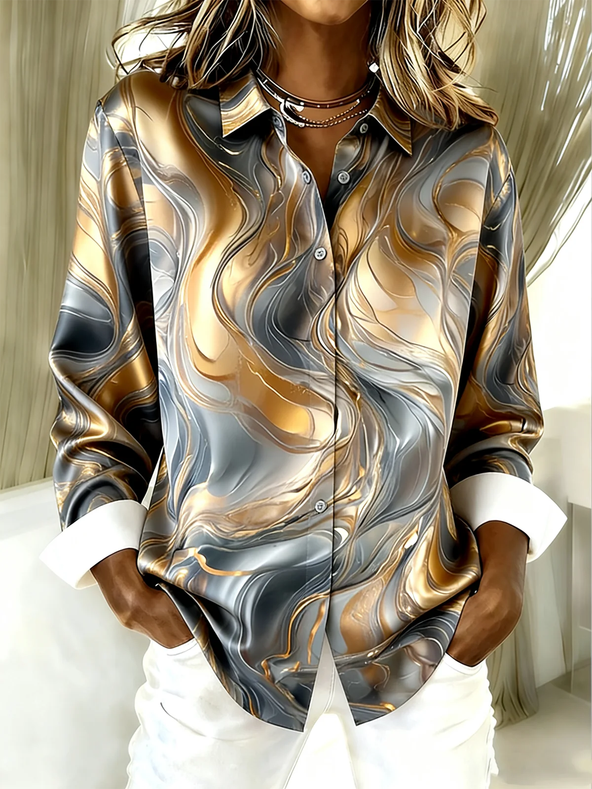 Shirt Collar Long Sleeve Gradient Pattern Regular Loose Shirt For Women