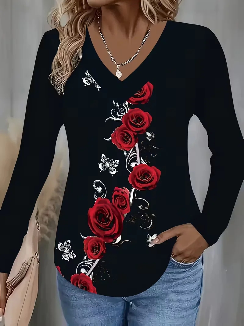 Casual Floral V Neck Long Sleeve T-shirt