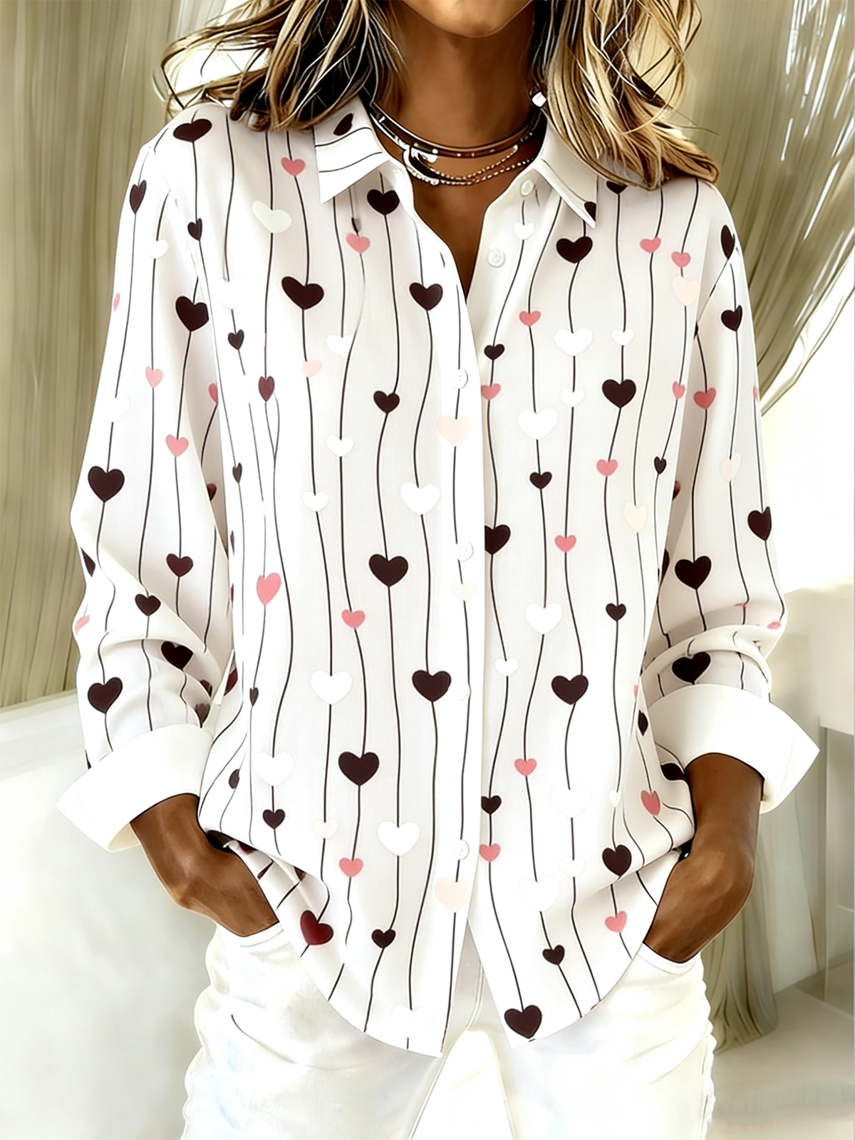 Shirt Collar Long Sleeve Gradient Pattern Regular Loose Shirt For Women