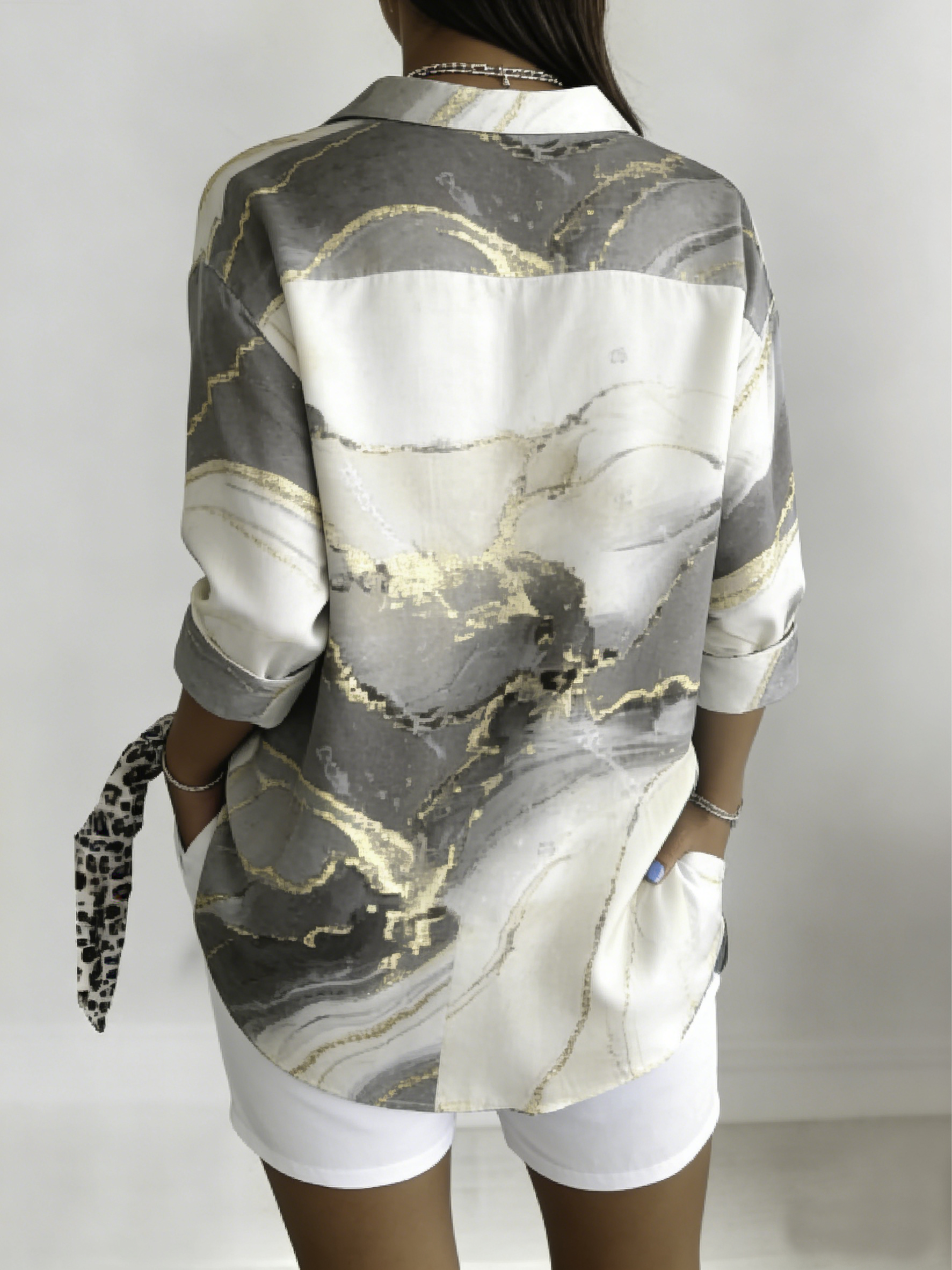 Shawl Collar Long Sleeve Abstract Graphic Regular Loose Shirt For Women