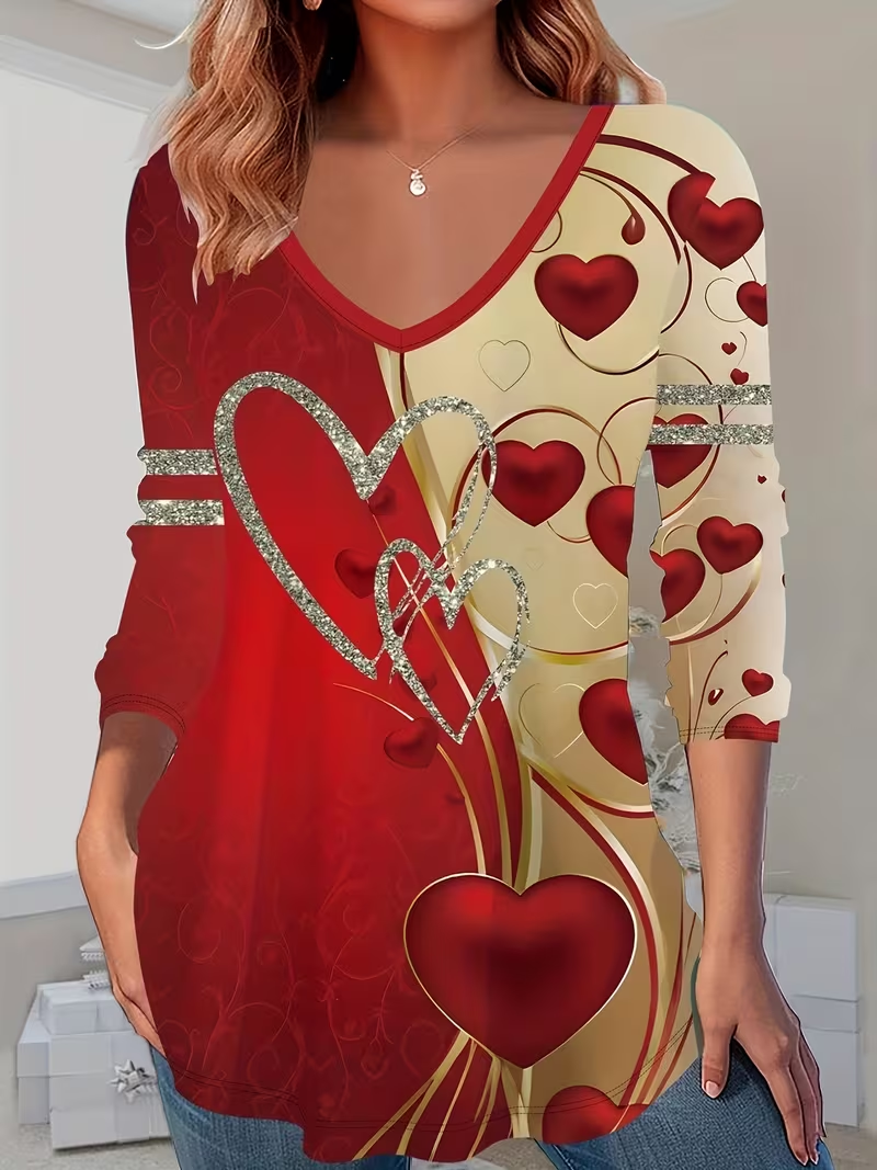 Casual Heart/Cordate V Neck Long Sleeve T-shirt