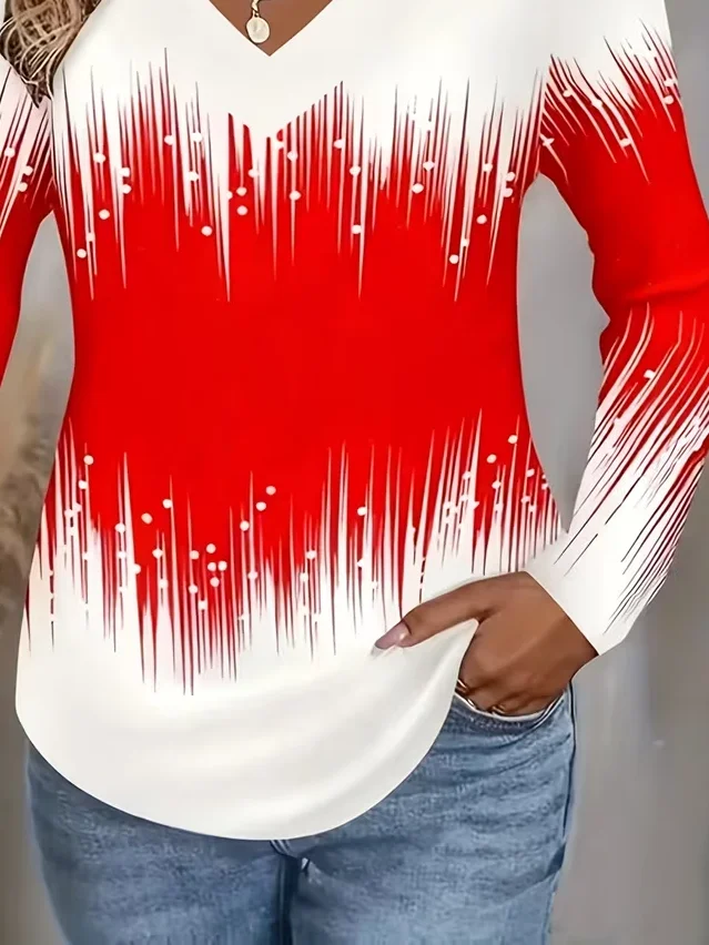 Casual Abstract V Neck Long Sleeve T-shirt
