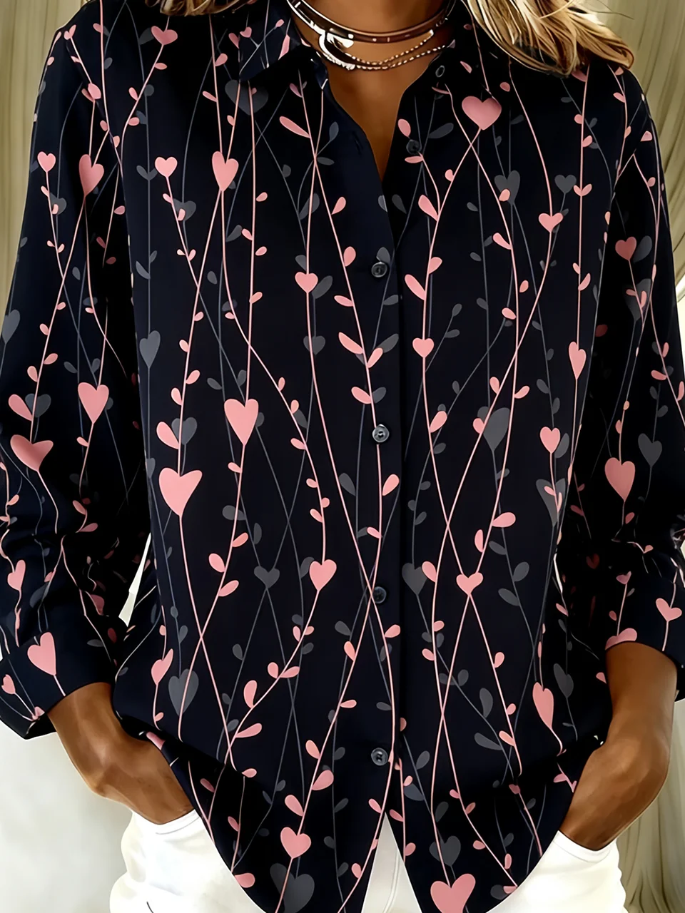 Shirt Collar Long Sleeve Gradient Pattern Regular Loose Shirt For Women