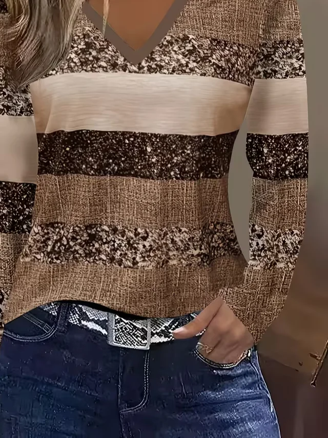 Casual Abstract V Neck Long Sleeve T-shirt