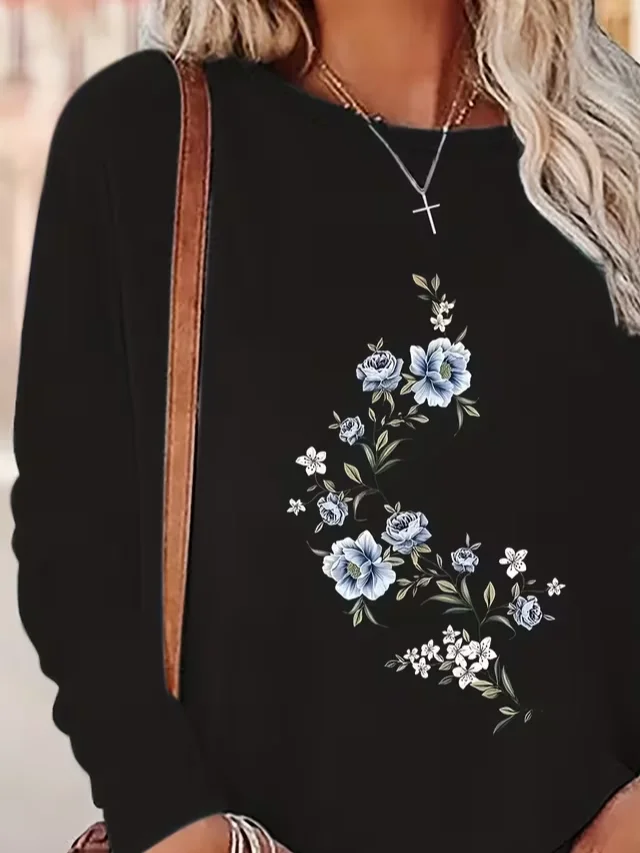 Casual Floral Crew Neck Long Sleeve T-shirt
