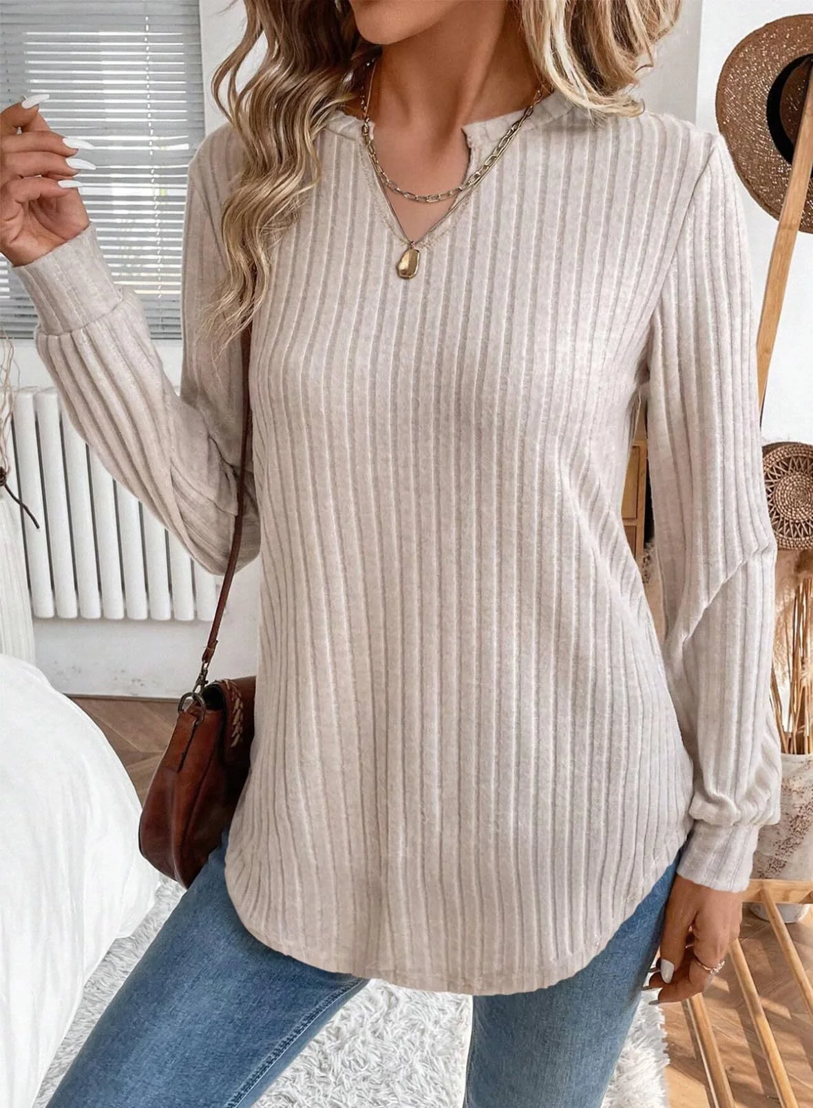 Casual Jersey Loose Fit V Neck Plain Knit Top