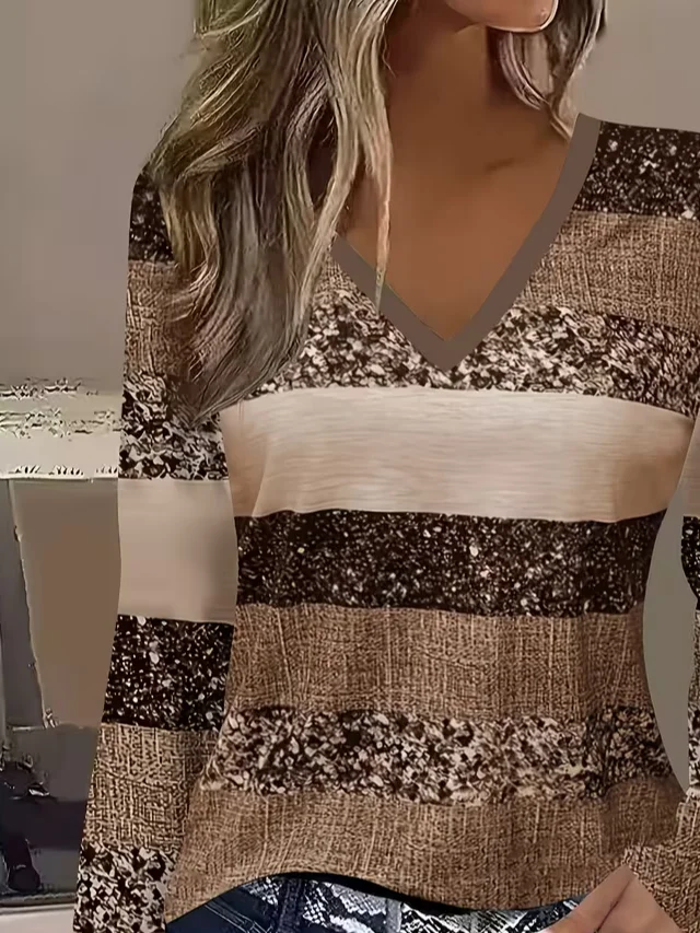 Casual Abstract V Neck Long Sleeve T-shirt