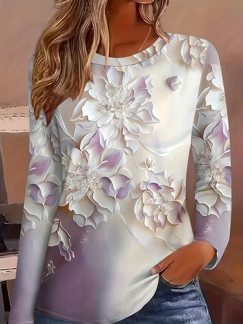 Casual Floral Crew Neck Long Sleeve T-shirt