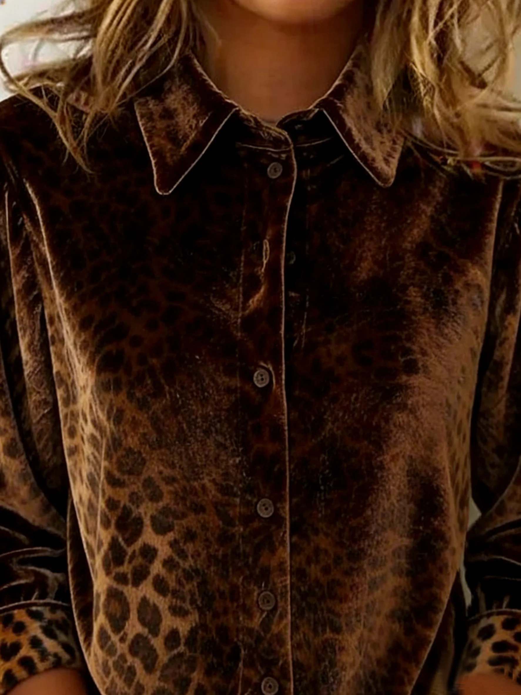 Shawl Collar Three Quarter Sleeve Leopard Regular Micro-Elasticity Loose Shirt For Women