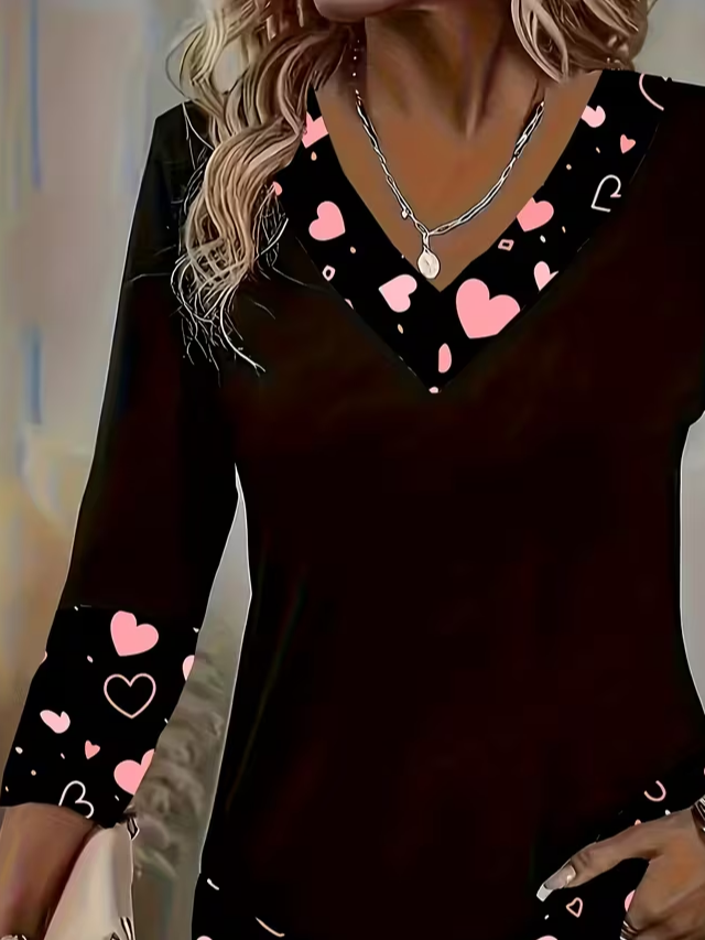 Casual Heart/Cordate V Neck Long Sleeve T-shirt