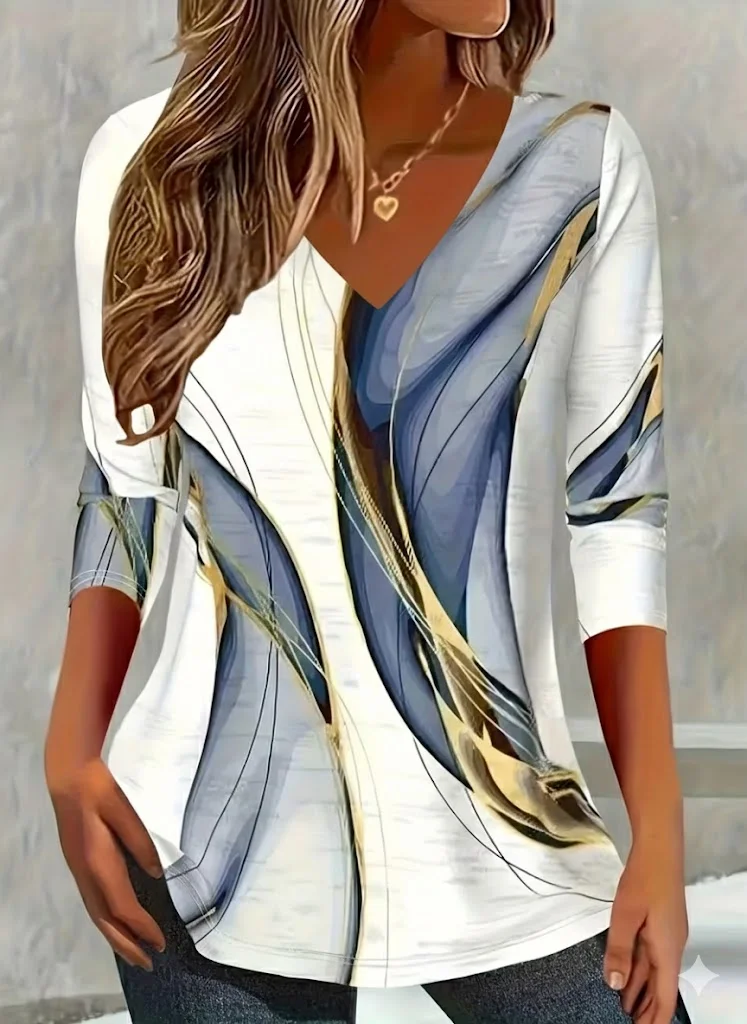 Casual Abstract V Neck Long Sleeve T-shirt