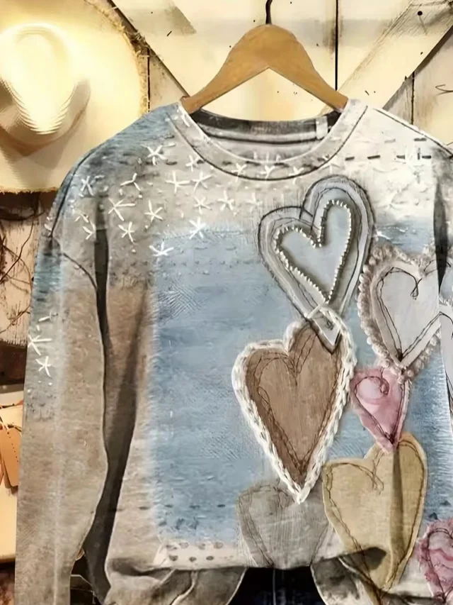 Casual Crew Neck Heart/Cordate Sweatshirt Printing