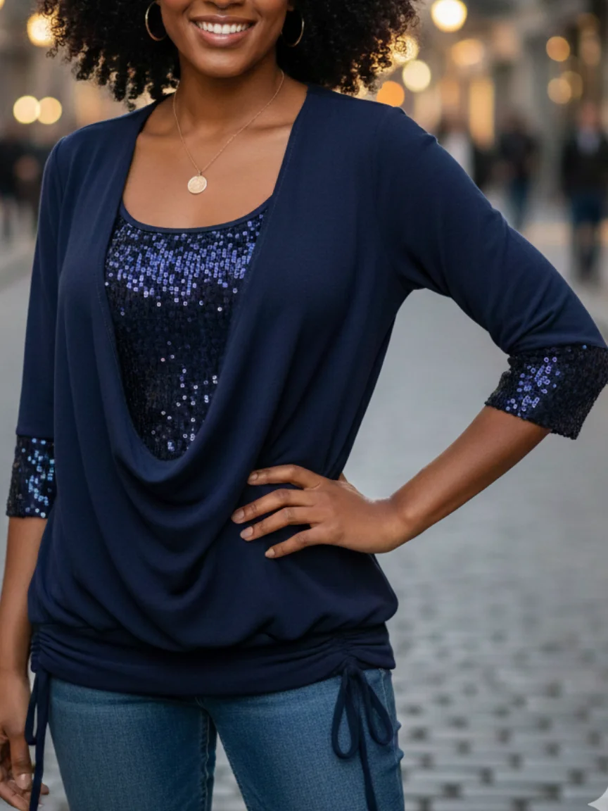 Vintage Plain U-Neck Long Sleeve T-shirt