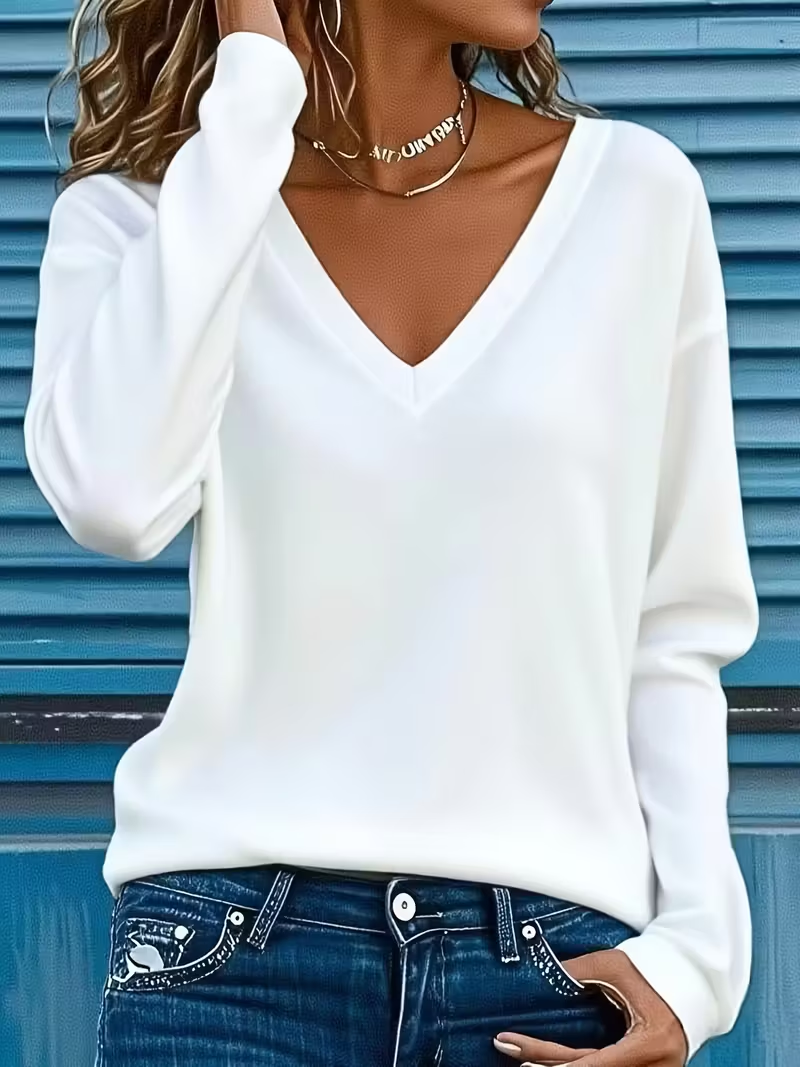 Casual Plain V Neck Long Sleeve T-shirt