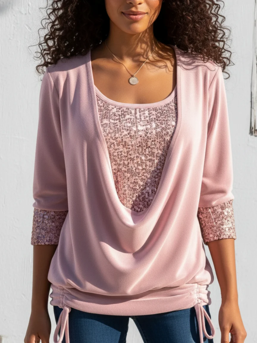 Vintage Plain U-Neck Long Sleeve T-shirt