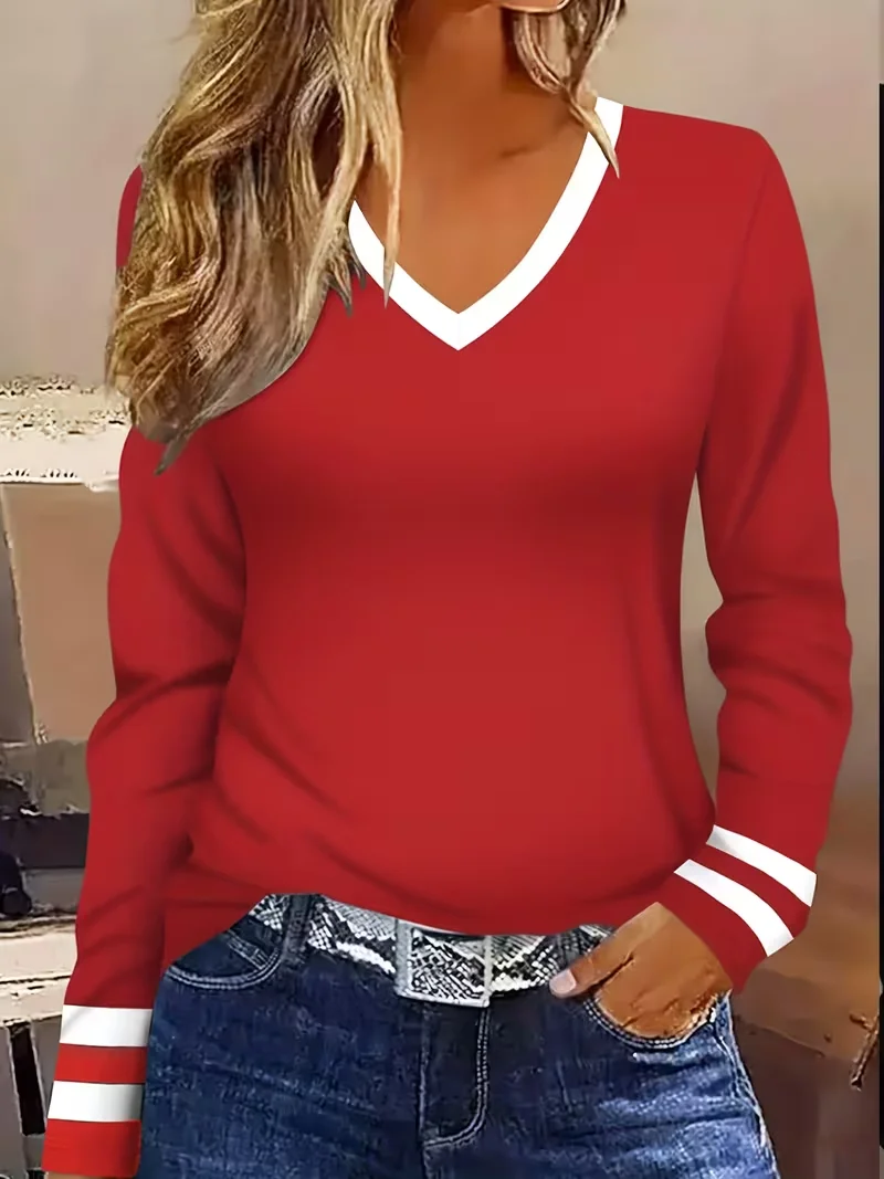Casual Striped V Neck Long Sleeve T-shirt