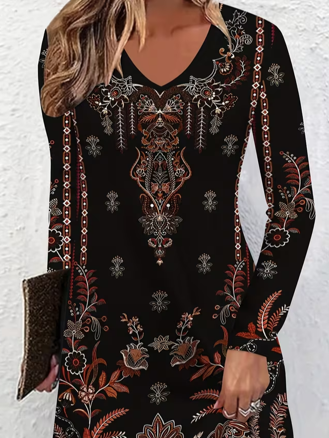 Women Floral Summer Printing Dress V Neck Long Sleeve Tunic A-Line Dress