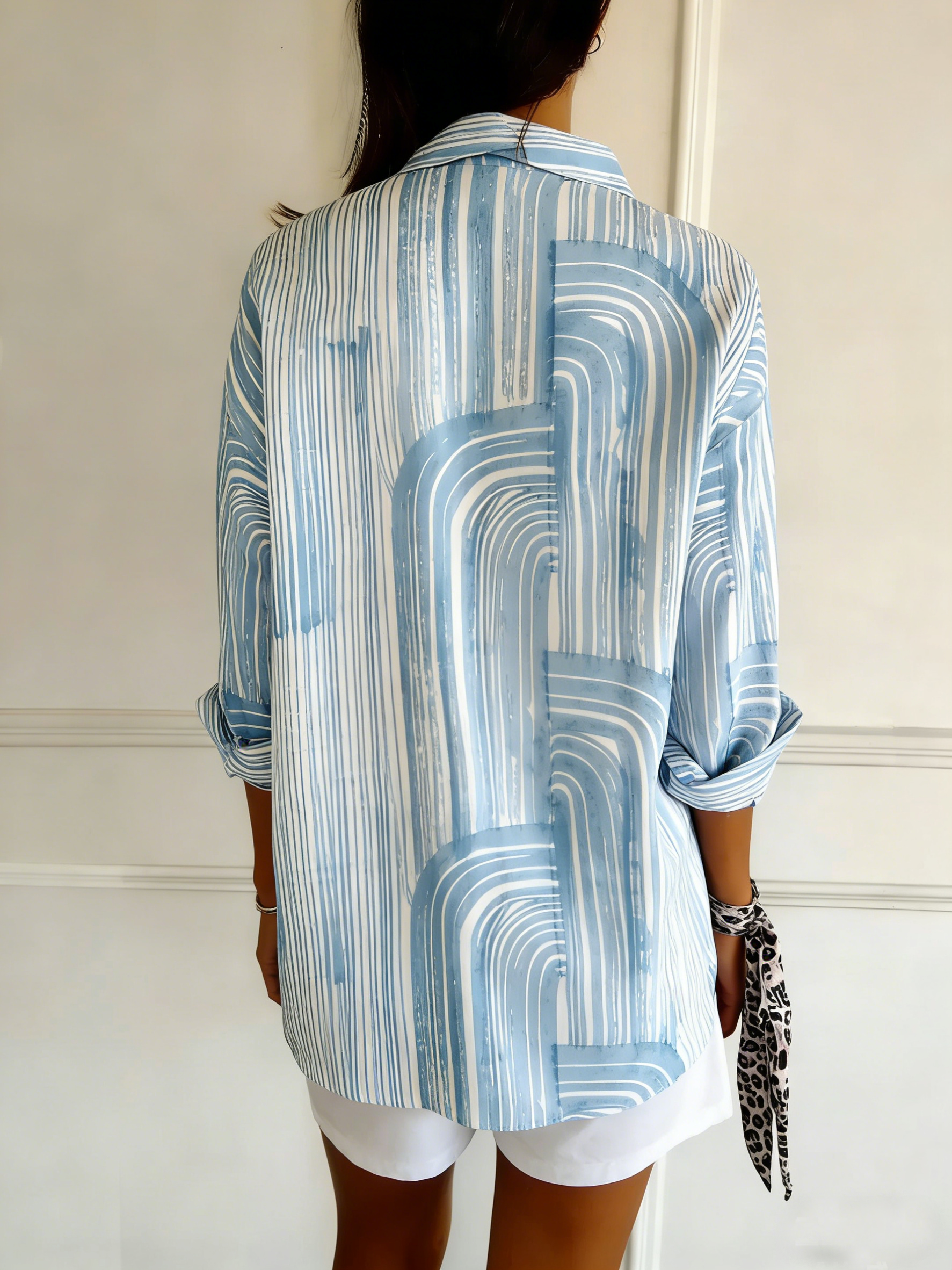 Shawl Collar Long Sleeve Striped Regular Loose Shirt For Women