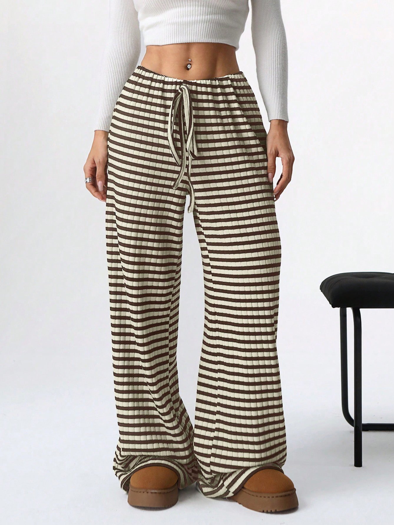 Women Striped Long Elastic Waist Pants Casual Spring/Fall Trousers