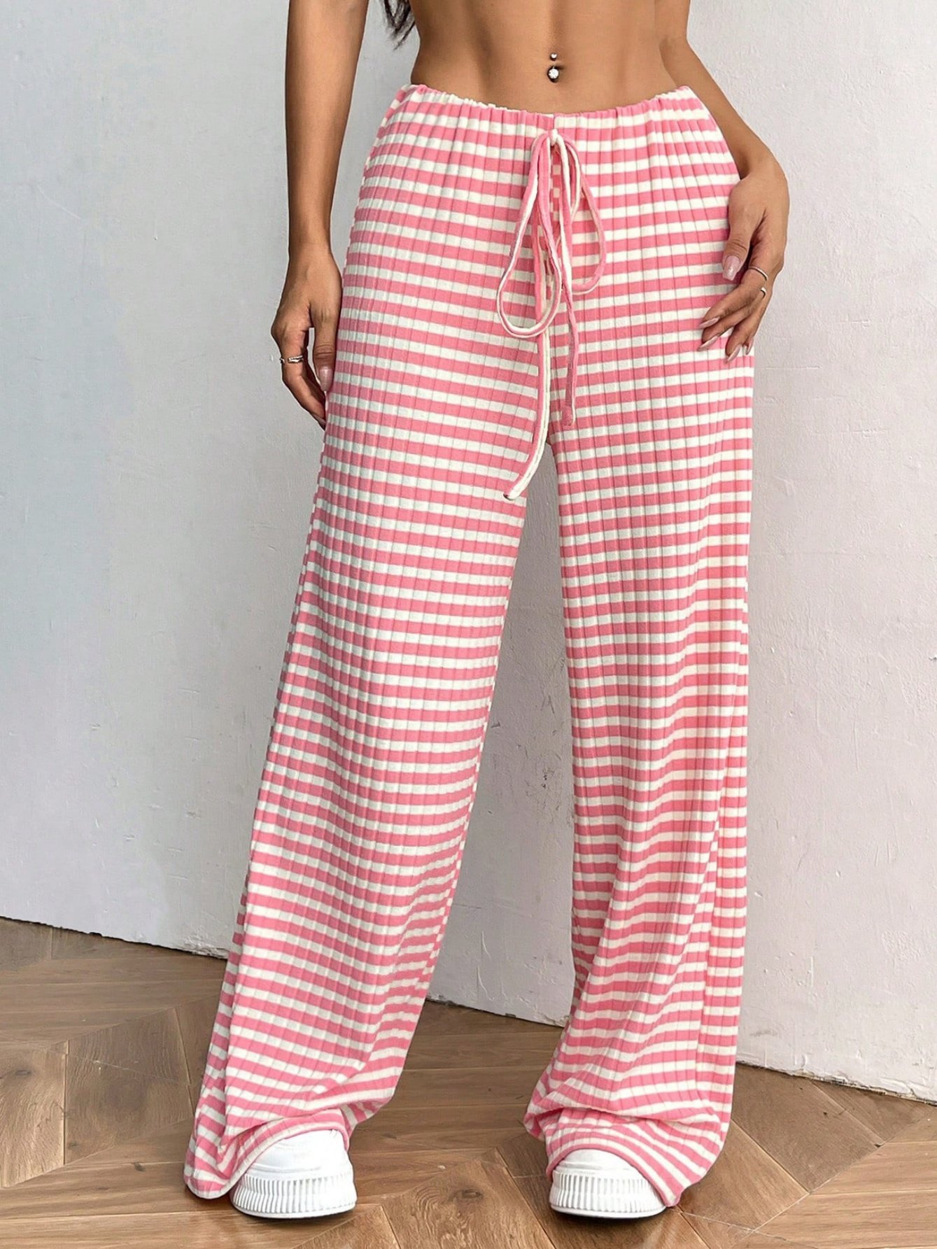 Women Striped Long Elastic Waist Pants Casual Spring/Fall Trousers