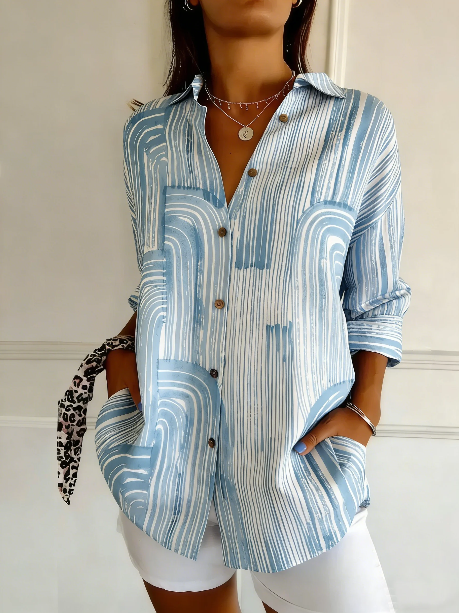 Shawl Collar Long Sleeve Striped Regular Loose Shirt For Women