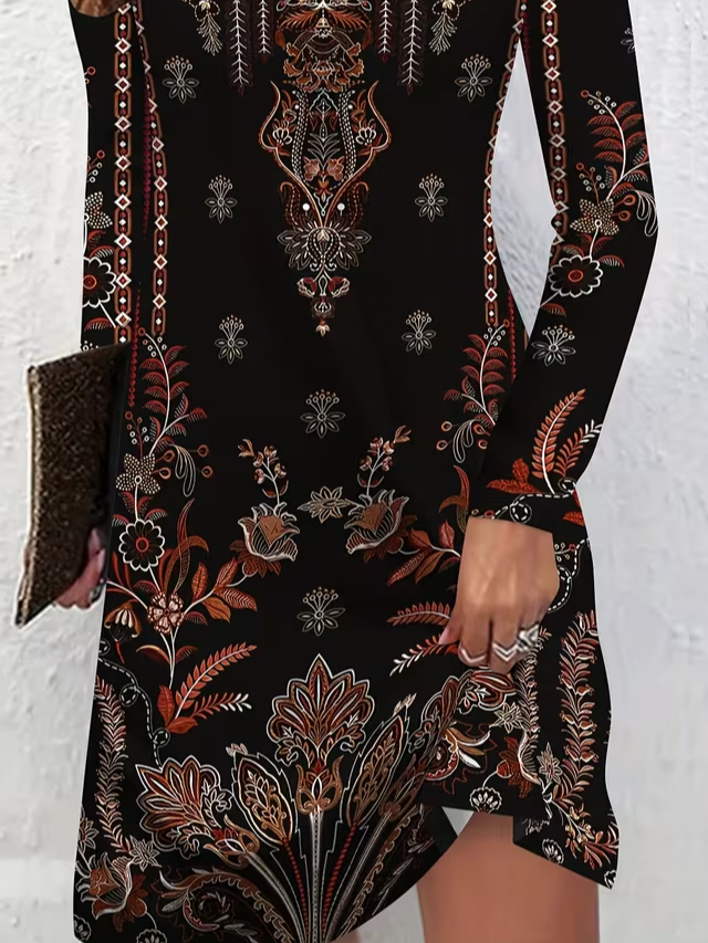 Women Floral Summer Printing Dress V Neck Long Sleeve Tunic A-Line Dress