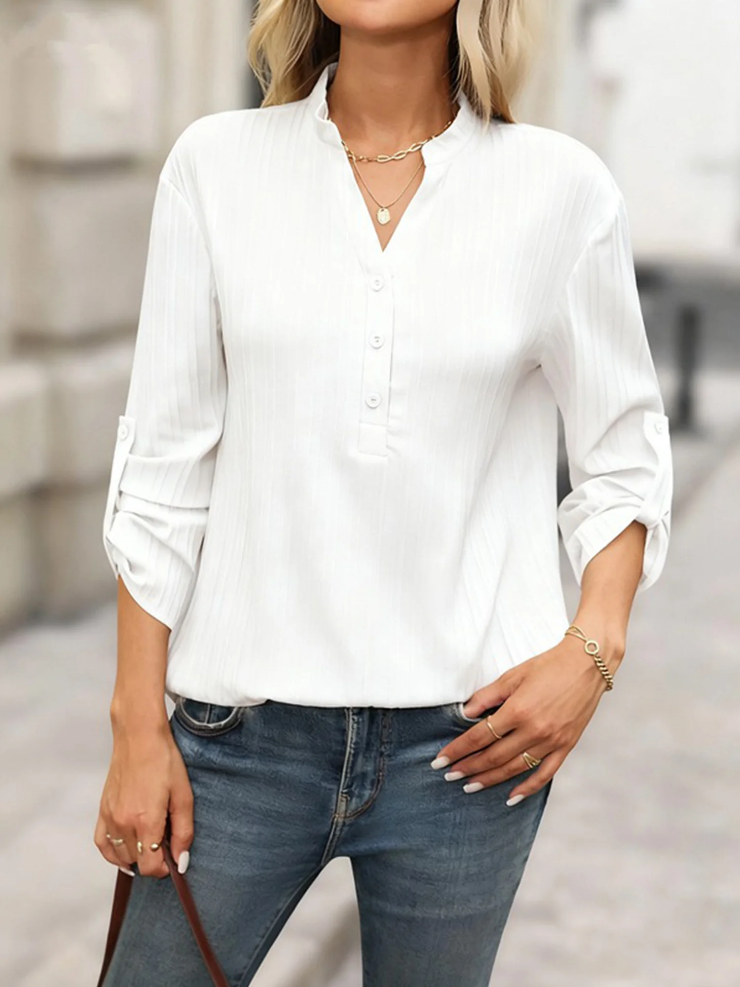 V Neck Long Sleeve Plain Regular Loose Blouse For Women