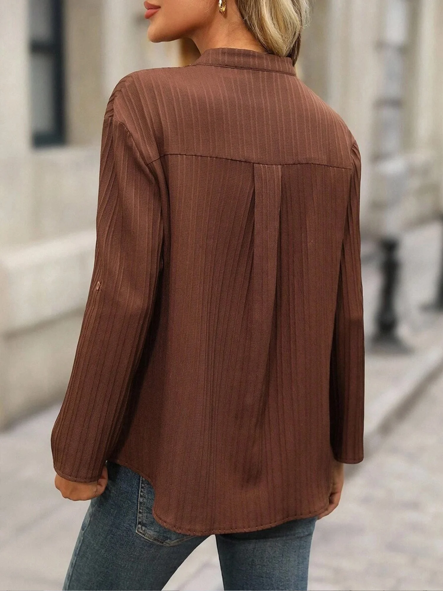 V Neck Long Sleeve Plain Regular Loose Blouse For Women