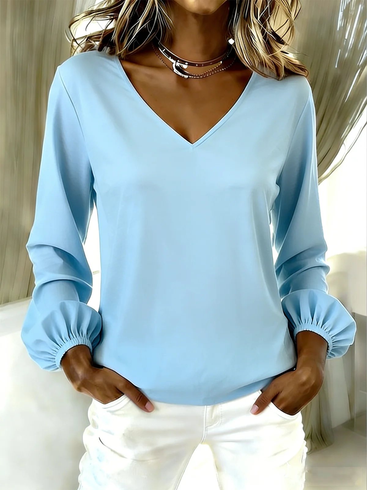 Vintage Plain V Neck Long Sleeve T-shirt