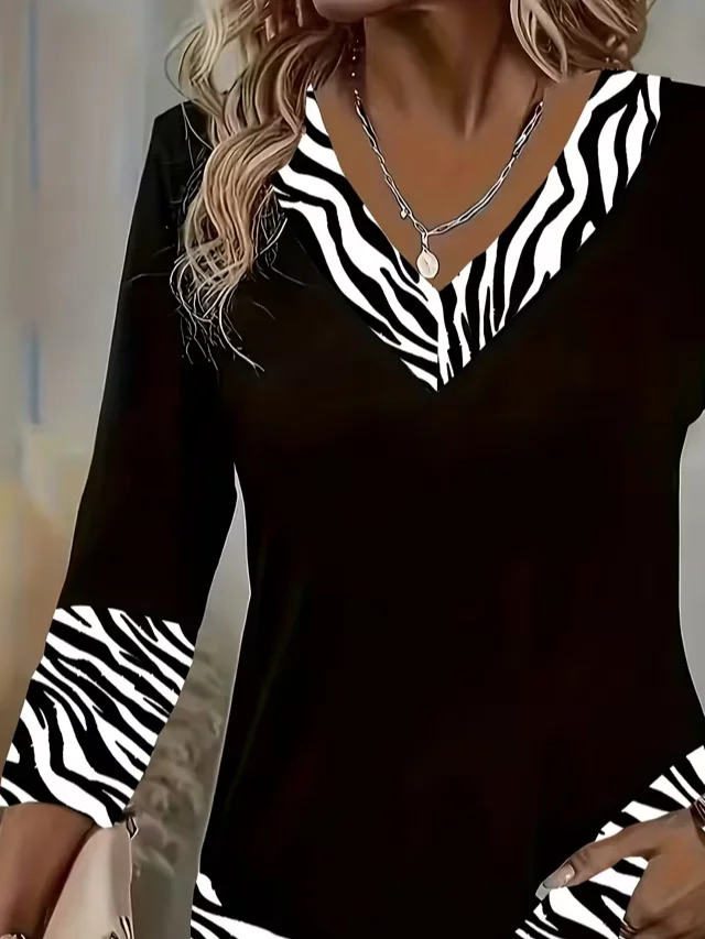 Casual Zebra V Neck Long Sleeve T-shirt