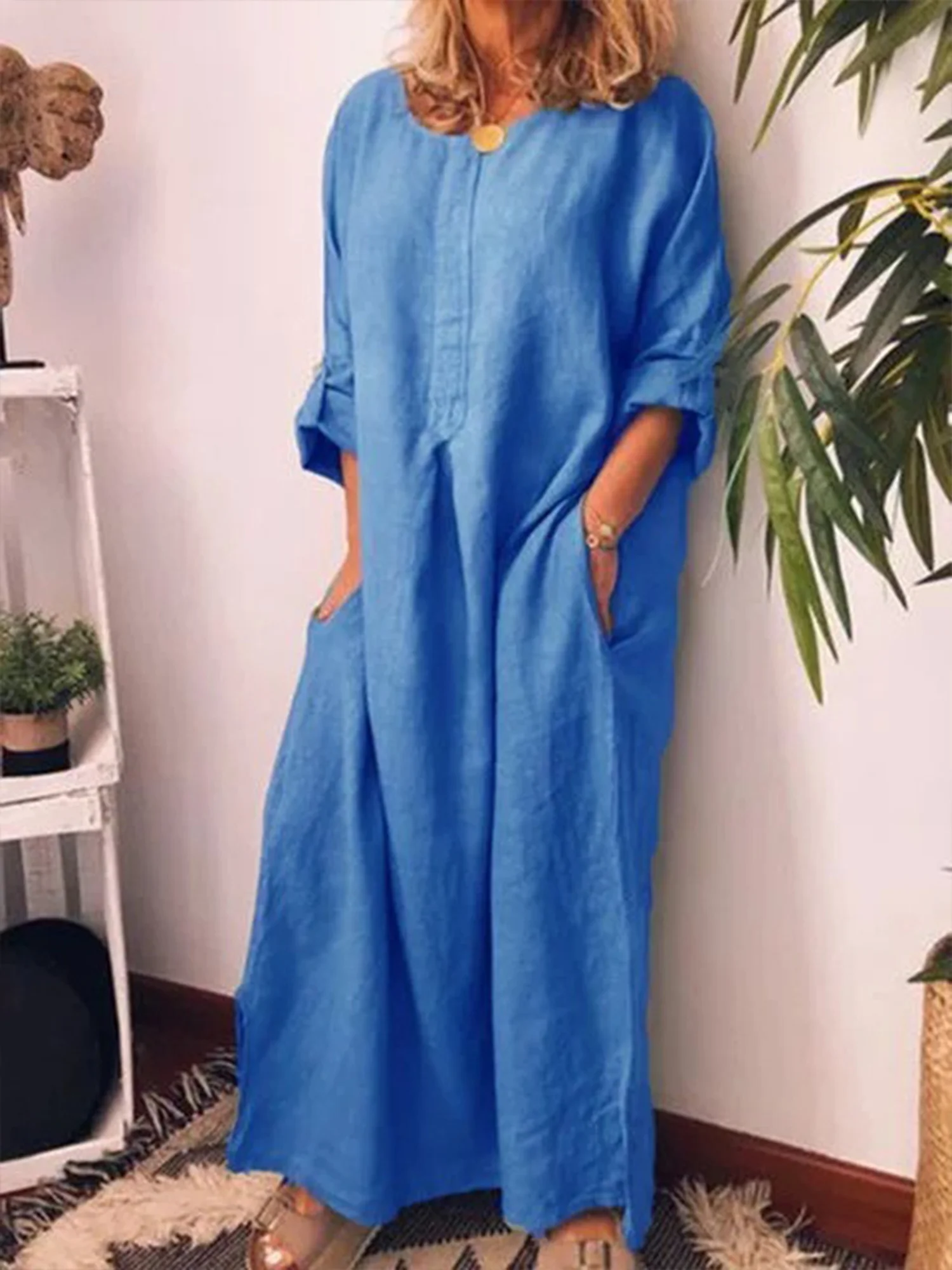 Women Plain Spring/Fall Dress Crew Neck Long Sleeve H-Line Dress
