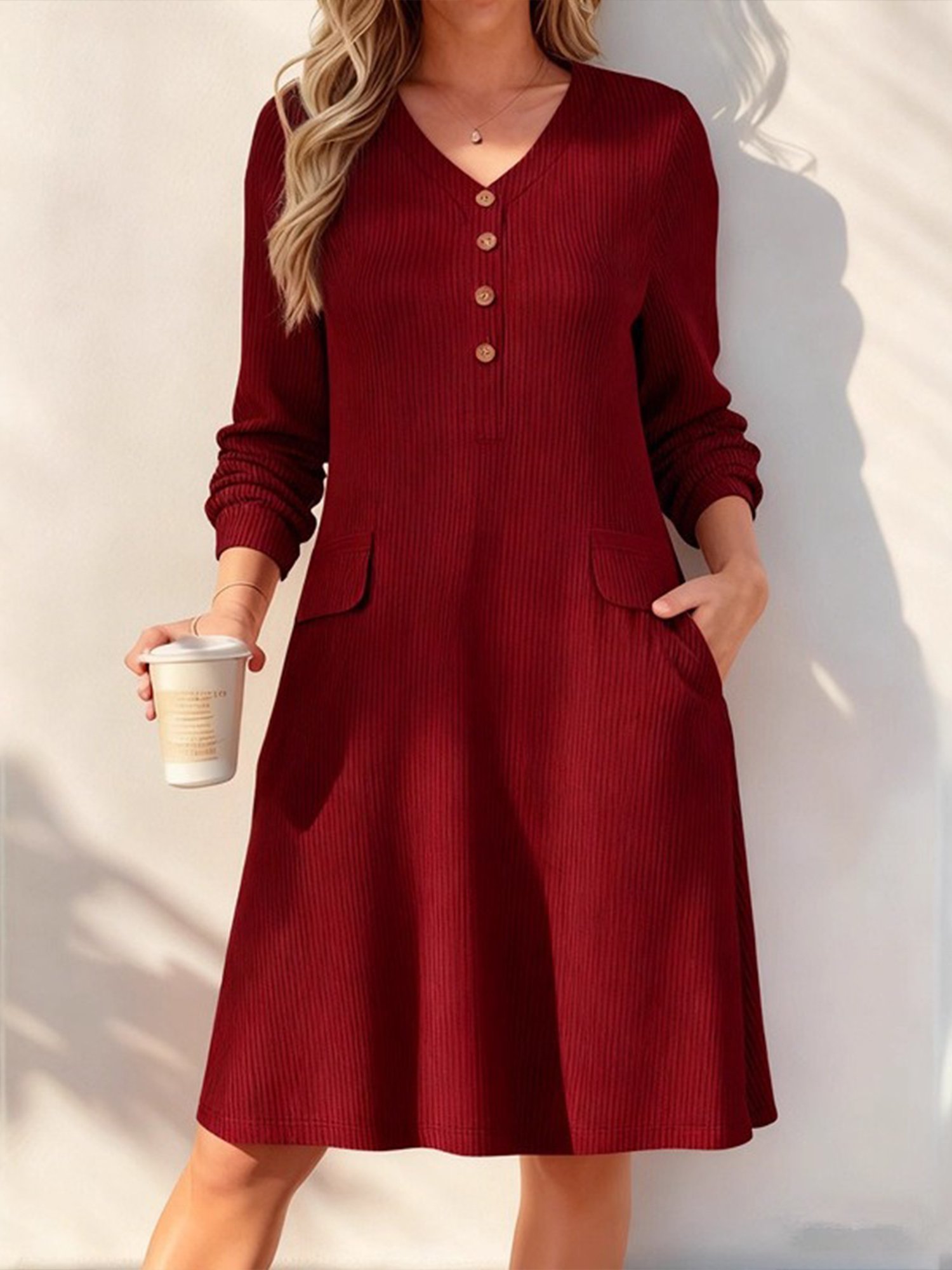 Women Striped Summer Dress V Neck Three Quarter Sleeve X-Line Dress