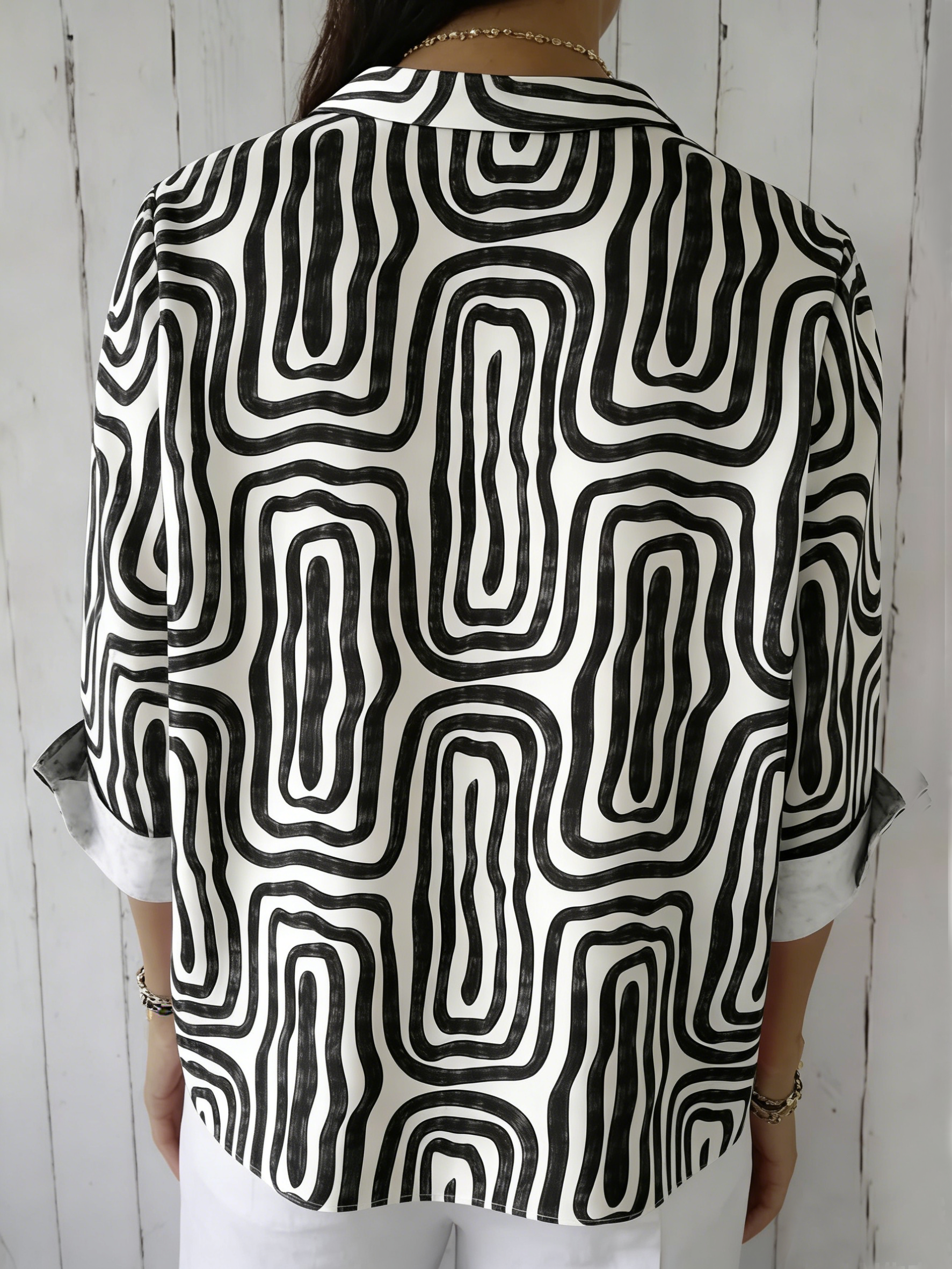 Shawl Collar Long Sleeve Striped Regular Loose Shirt For Women