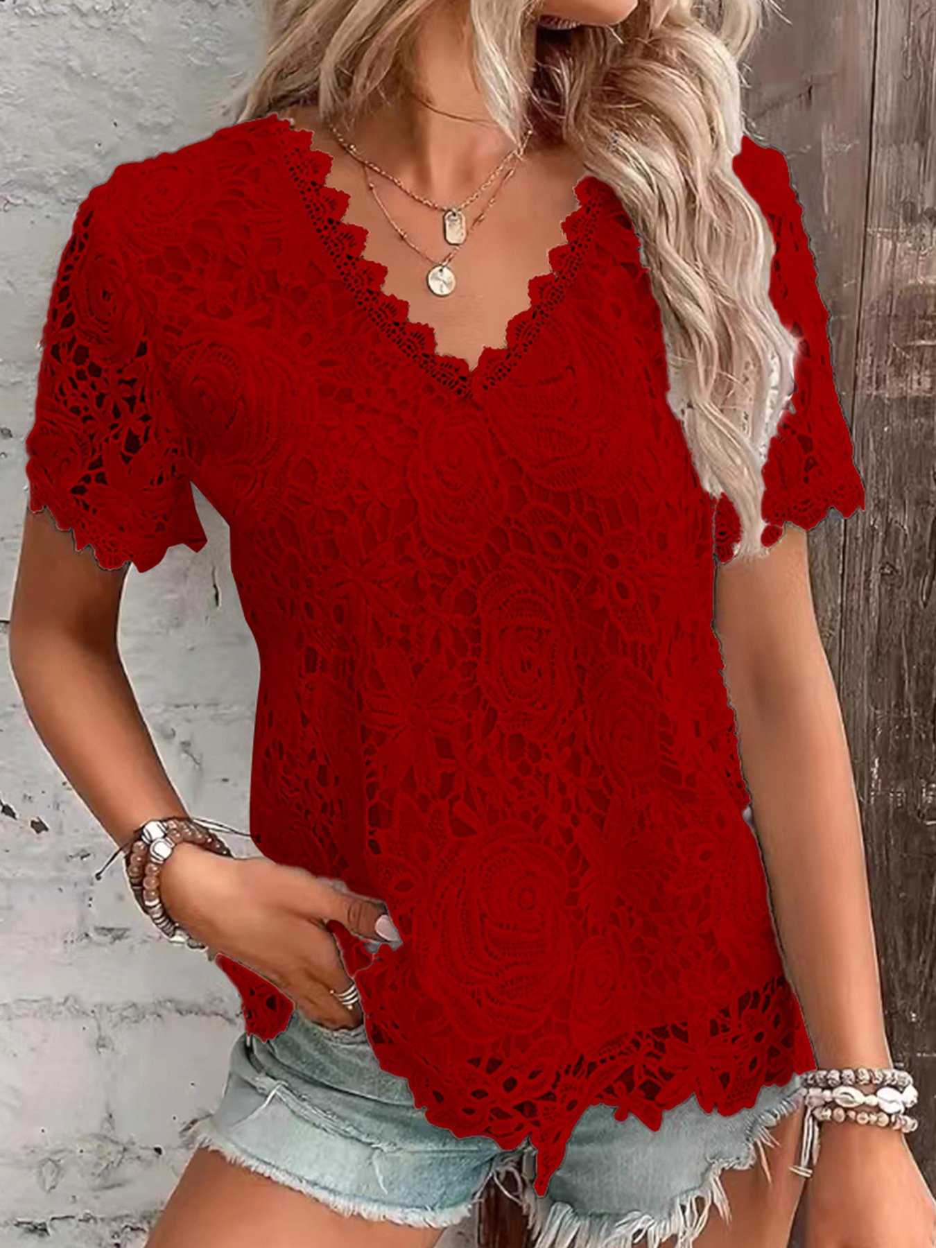 Elegant Lace V Neck Short Sleeve T-shirt