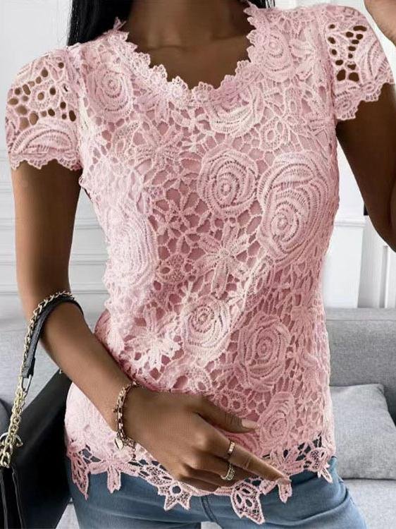 Elegant Lace Crew Neck Short Sleeve T-shirt
