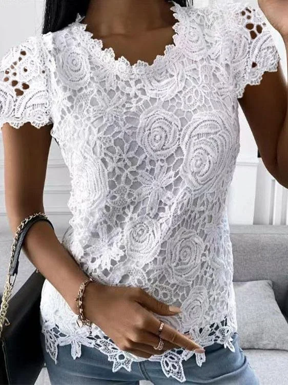 Elegant Lace Crew Neck Short Sleeve T-shirt