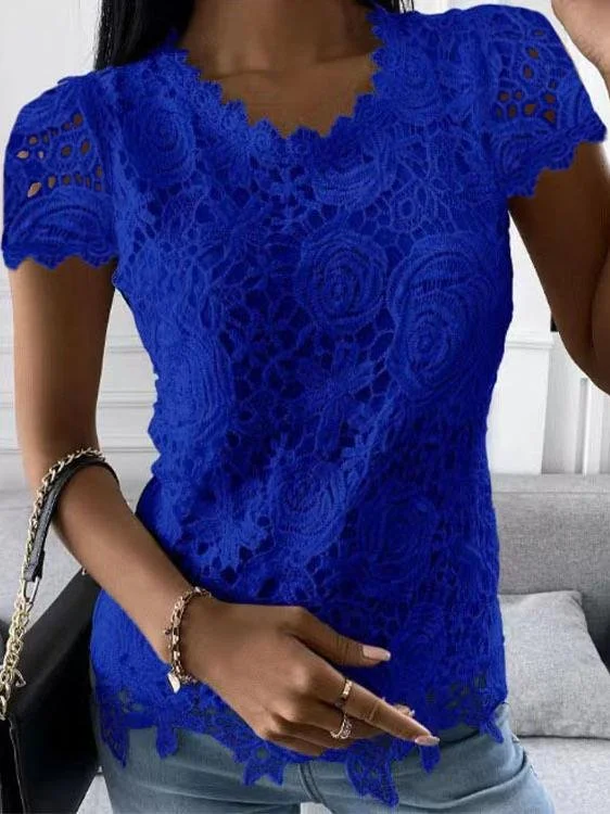 Elegant Lace Crew Neck Short Sleeve T-shirt